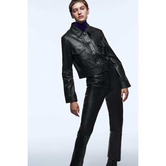 Black Zara 100% Leather High Waisted Cropped Bootcut Kick Flare Pants (NWT) - Picture 3 of 9